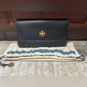 Tory Burch Kira Black Pebbled Leather Envelope Clutch Handbag
